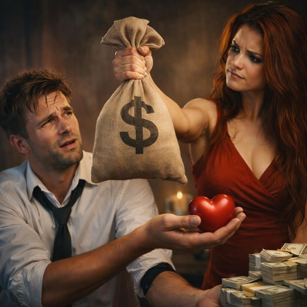 Woman holding a money bag with a dollar sign confronting a man sitting near stacks of cash