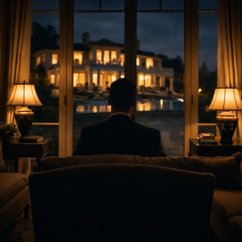 Smartphone glowing on a dark chair with a lit mansion in the background at night