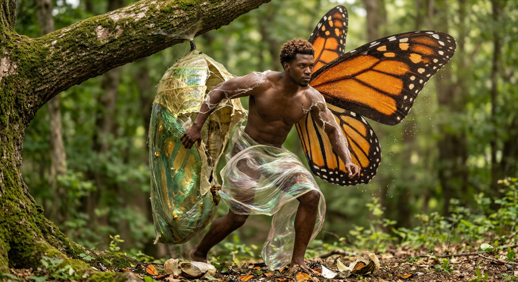 Man breaking out of chrysalis with monarch butterfly wings in forest