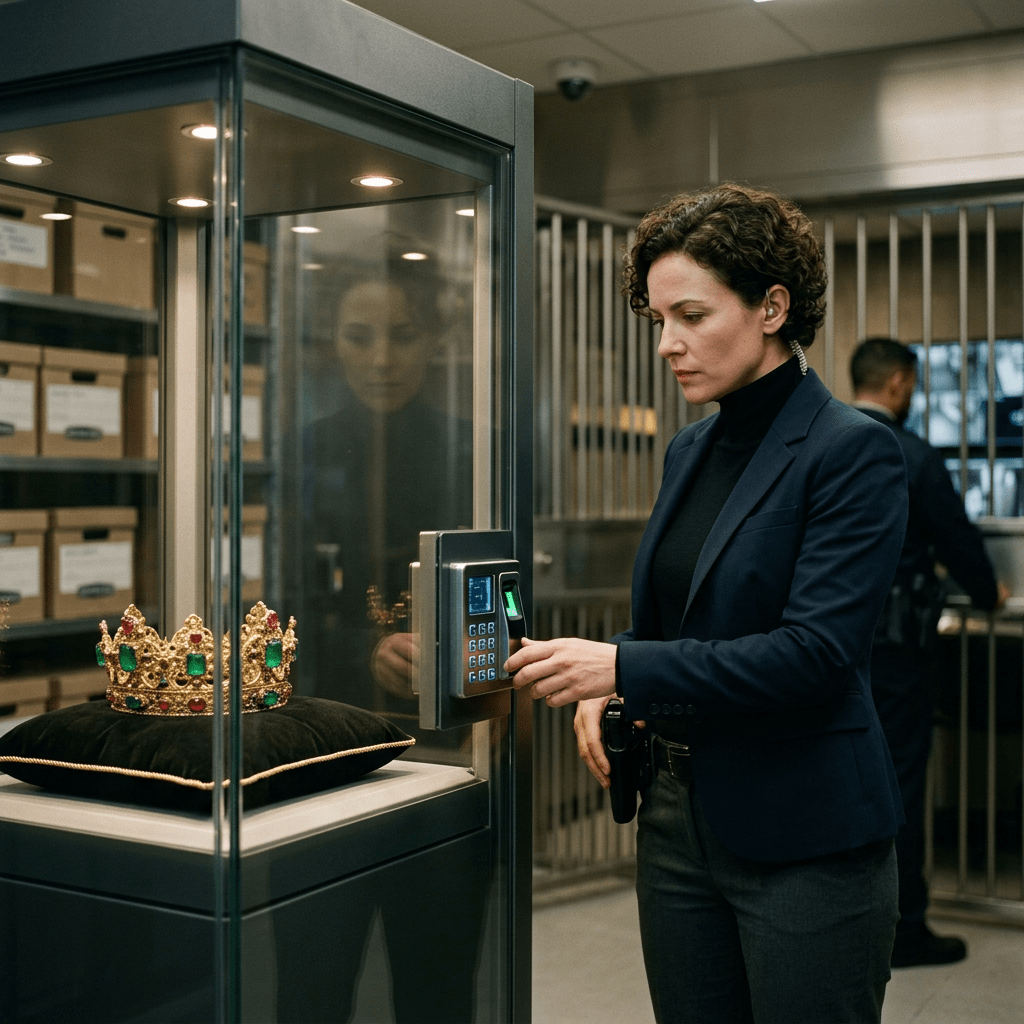 Security officer scanning fingerprint to open vault with jeweled crown