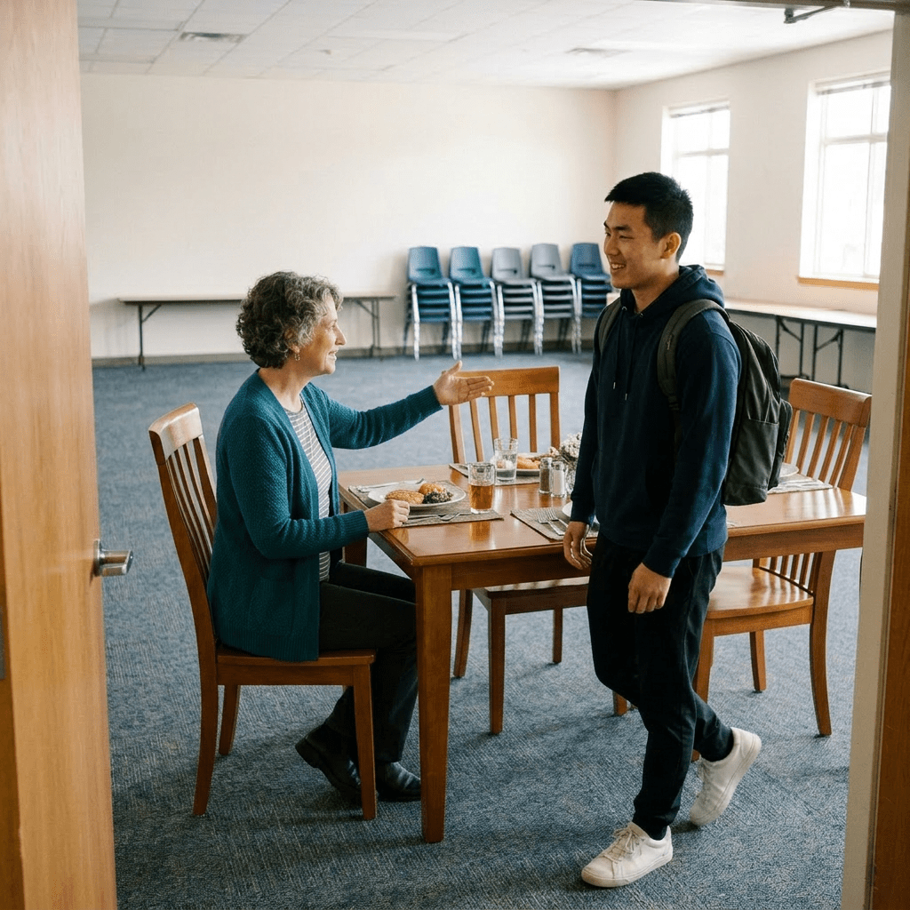 Teacher welcoming student to empty classroom
