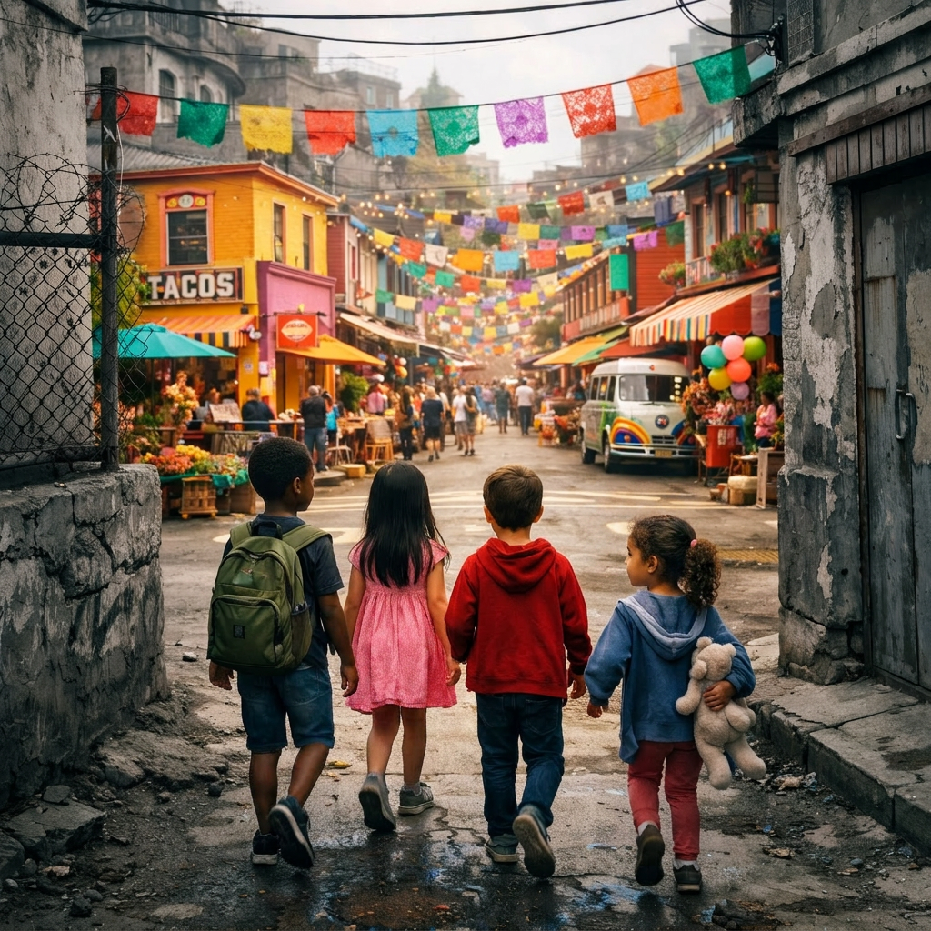 Four children walking down a brightly decorated street with colorful flags overhead.