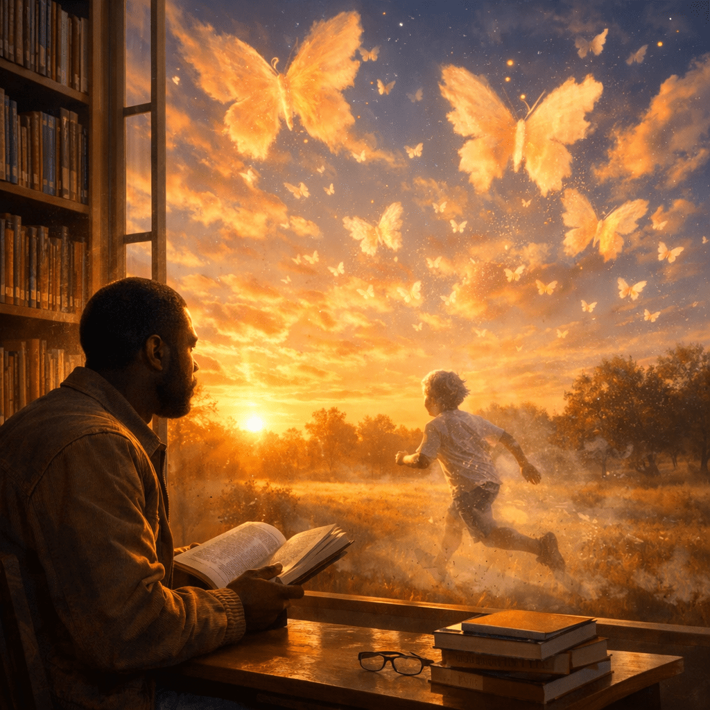 Man reading book indoors watching child running toward glowing butterflies outside at sunset