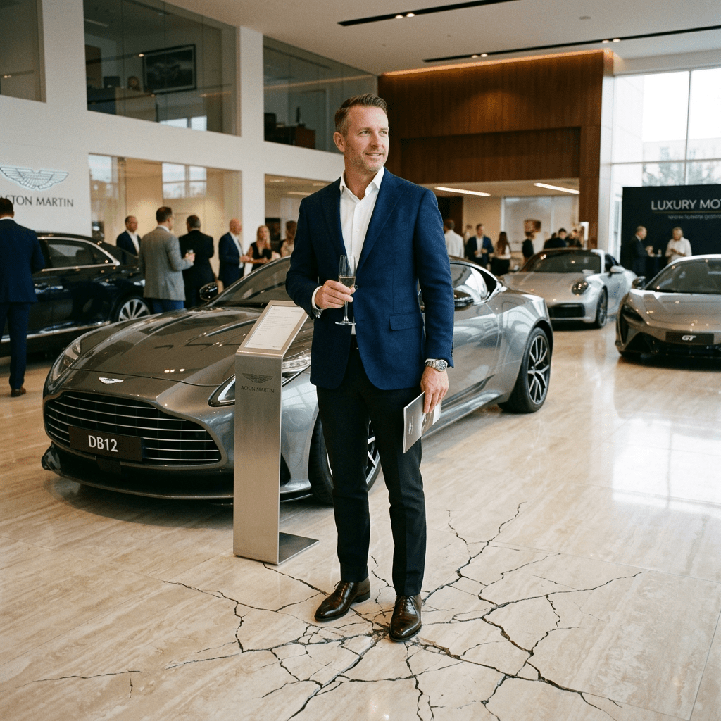 Man in suit holding a glass standing in front of an Aston Martin DB12 in a showroom