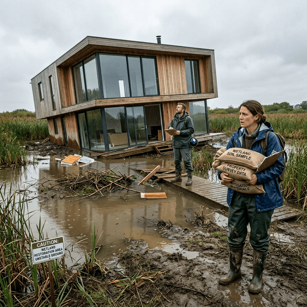 Researcher holding bags labeled Wetland Soil Sample, Property Survey Data, and Mitigation Materials near flooded, tilted house in wetland