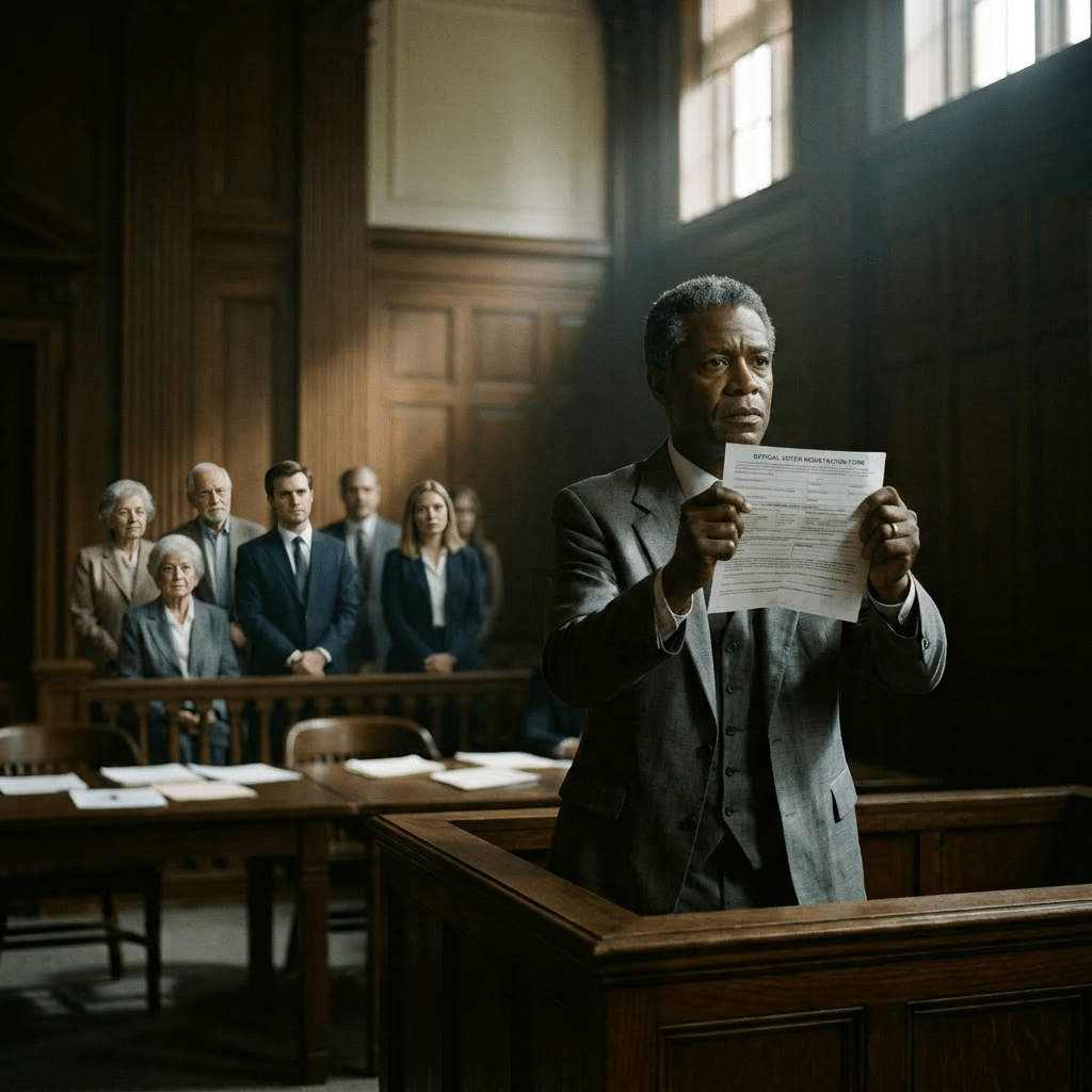 Lawyer holding an official voter registration form in courtroom during trial
