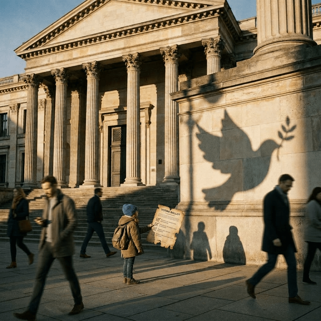 Child standing near stairs of classical building with dove shadow on wall
