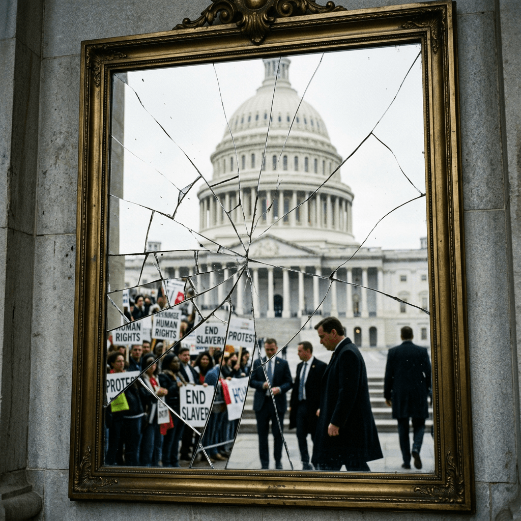 Shattered mirror reflecting U.S. Capitol with protesters holding signs and officials walking