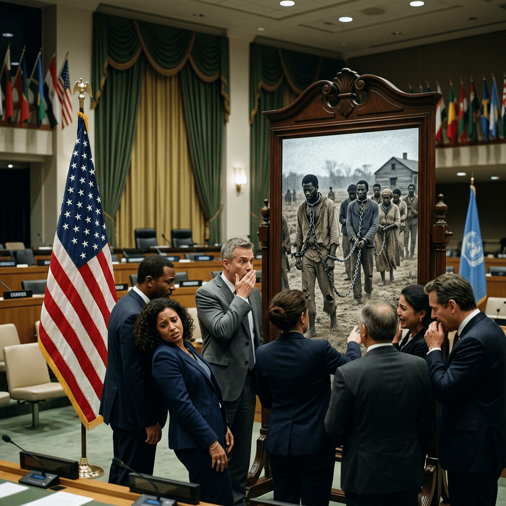Group of diplomats in a conference room looking at a large framed image of chained slaves