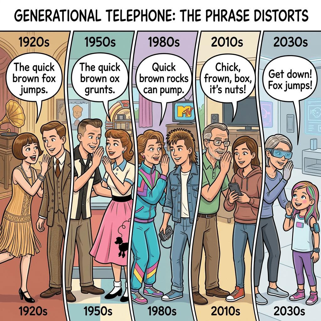 Five panels showing people from different decades whispering distorted versions of 'The quick brown fox jumps'.