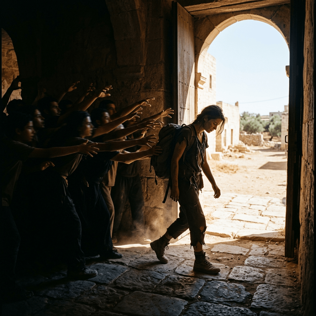 Individual with backpack leaving building as group reaches out arms inside shadowed stone interior
