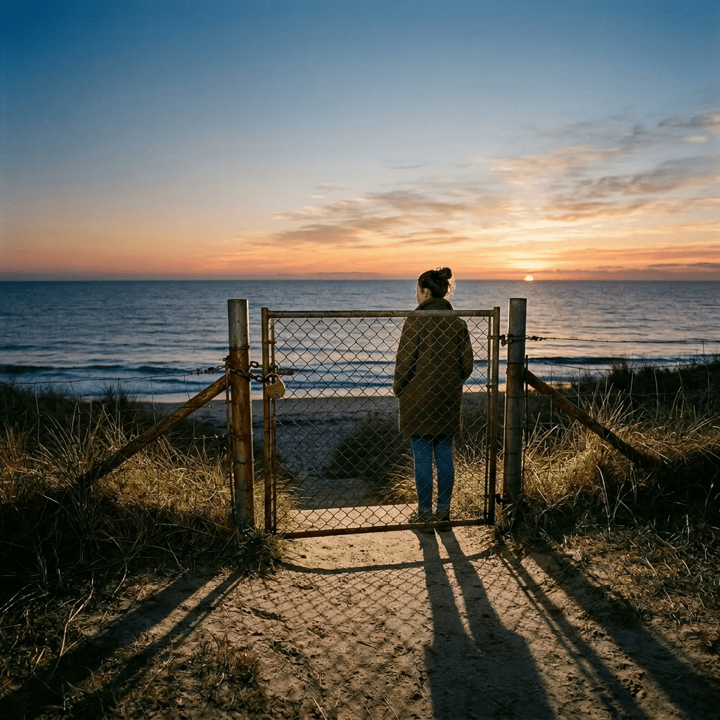Woman standing in front of a locked metal gate facing the ocean at sunset