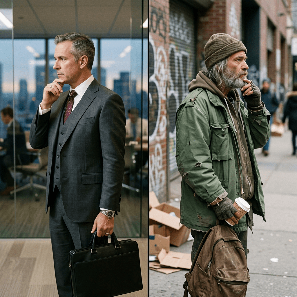 Businessman in suit in office and homeless man outside on street