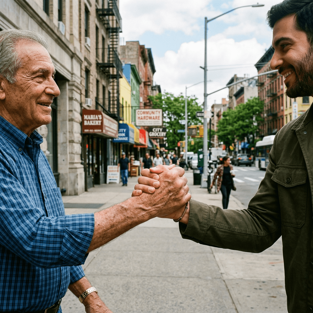 Older man and younger man shaking hands on a sidewalk with buildings and shops in the background