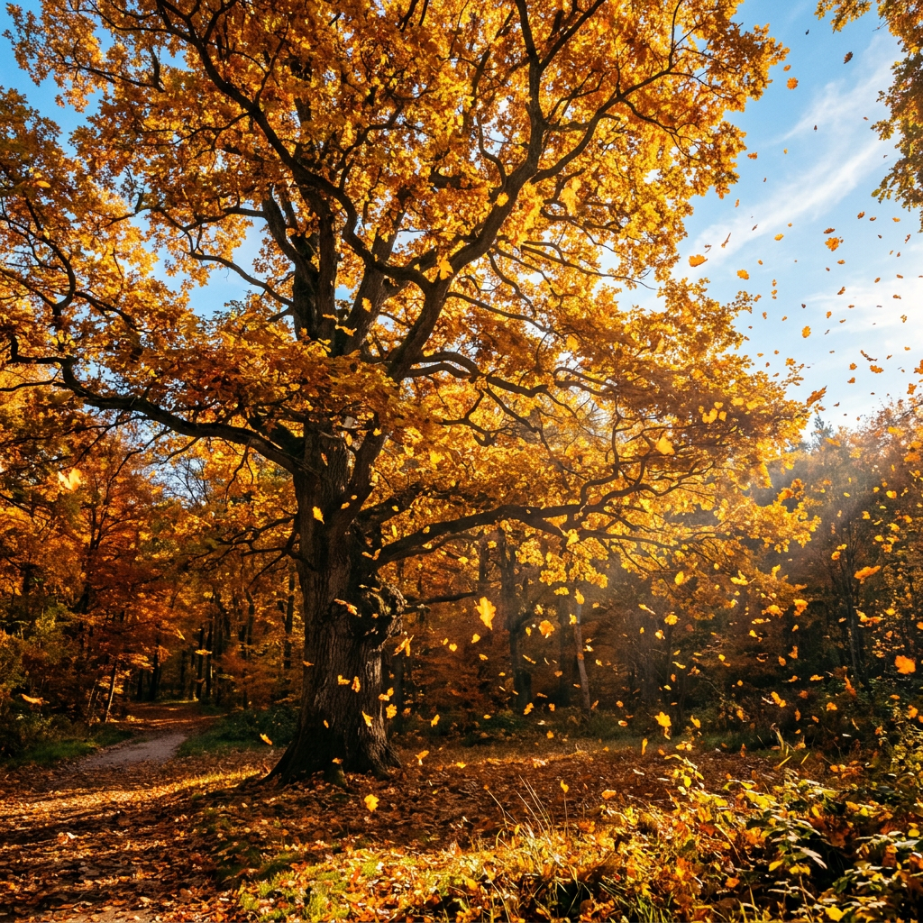 Mature tree with golden autumn leaves falling in a forest