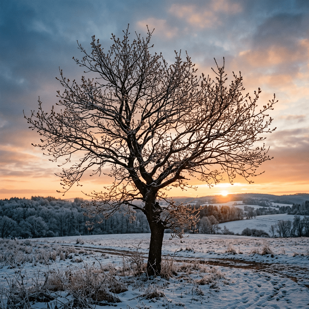 Bare tree covered with frost standing in a snow-covered field at sunrise