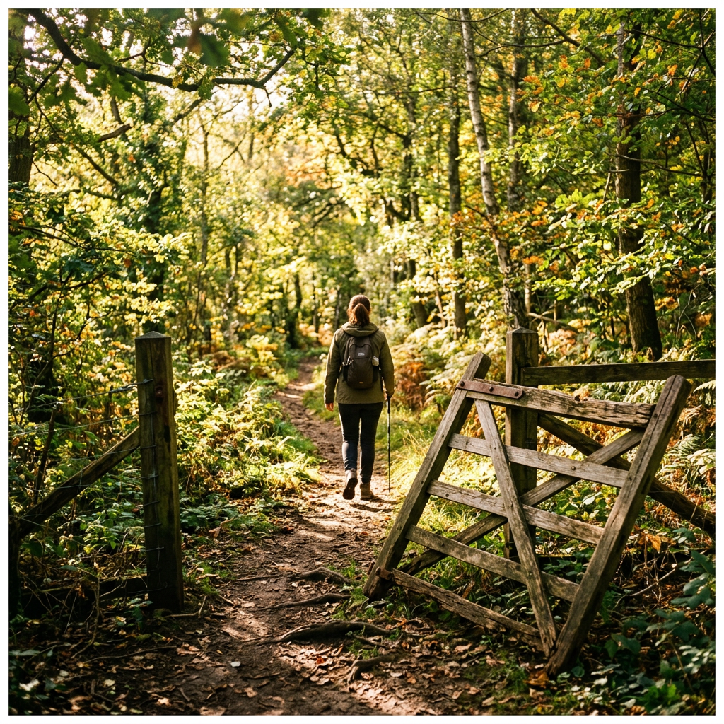 Person with backpack walking on dirt trail through green forest with wooden gate open