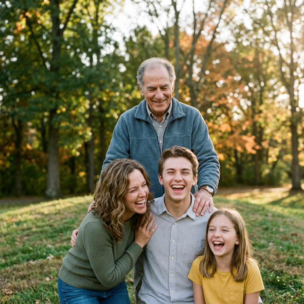 Older man standing behind smiling woman, teenage boy, and young girl outdoors.