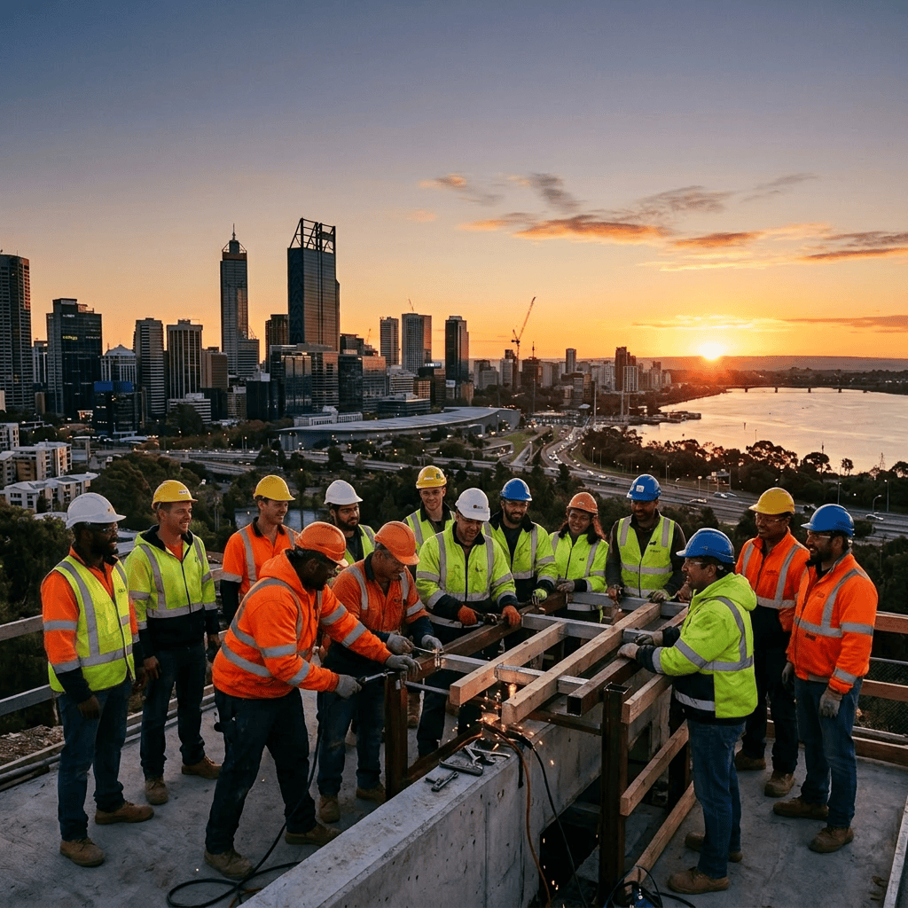 Construction workers in safety gear working together on a building site with city skyline and river at sunset