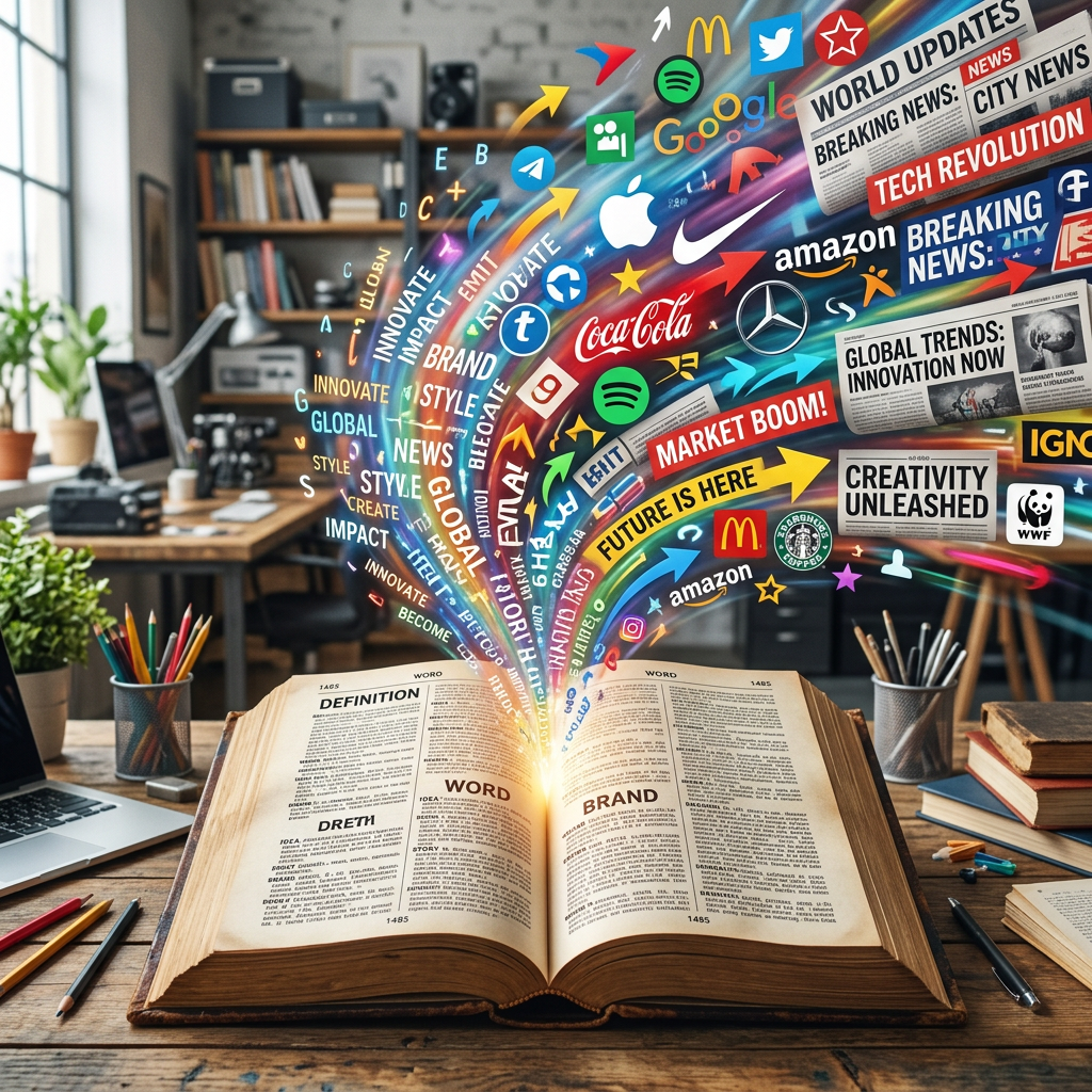 Open book emitting colorful light trails with brand logos and news headlines