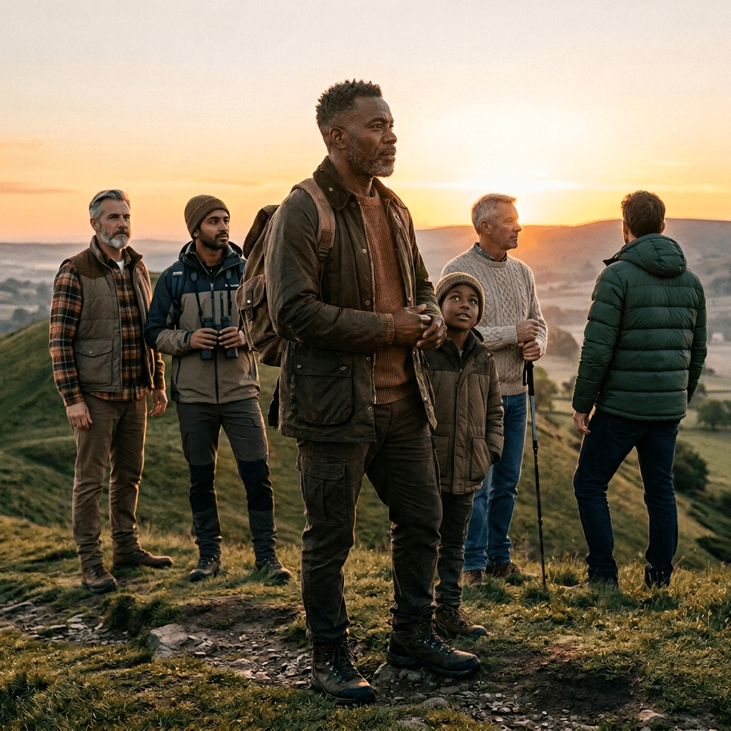 Man standing on grassy hill at sunrise wearing backpack and outdoor clothing
