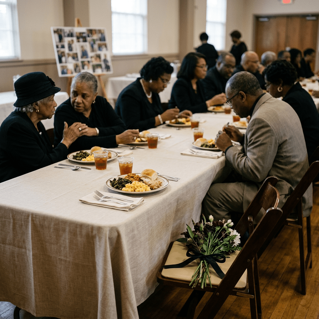 Group of people in black attire eating and talking at a long table during a memorial event