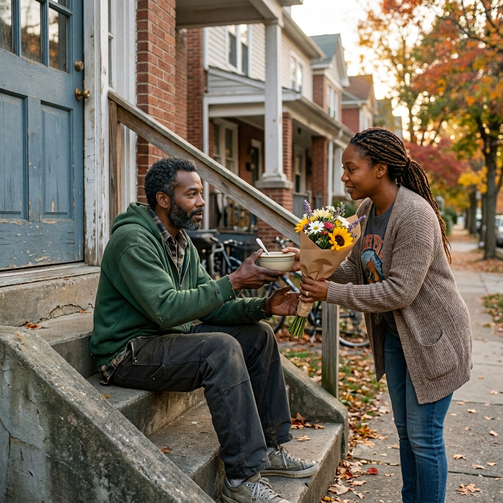 Young woman giving flowers and bowl of soup to older man sitting on porch steps