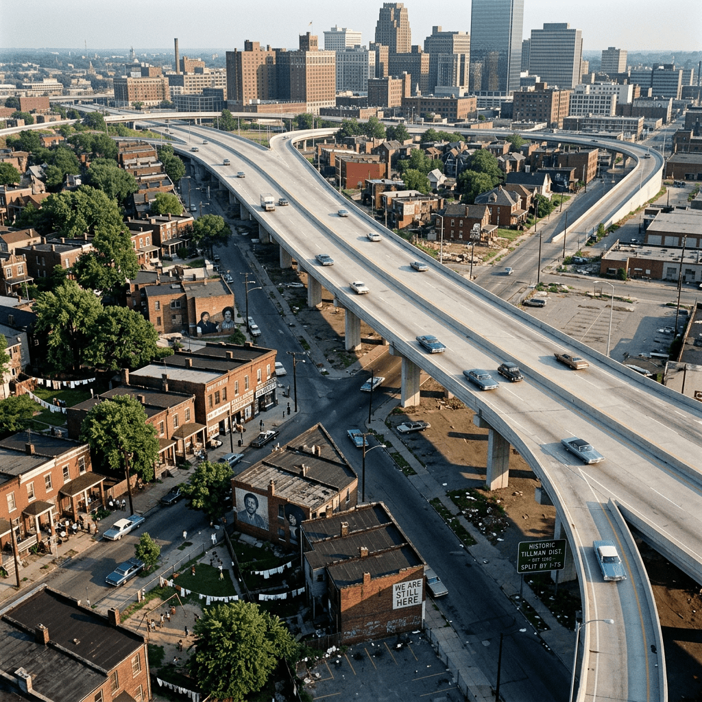 Aerial city view with elevated highways, brick homes, and signs reading “WE ARE STILL HERE.”