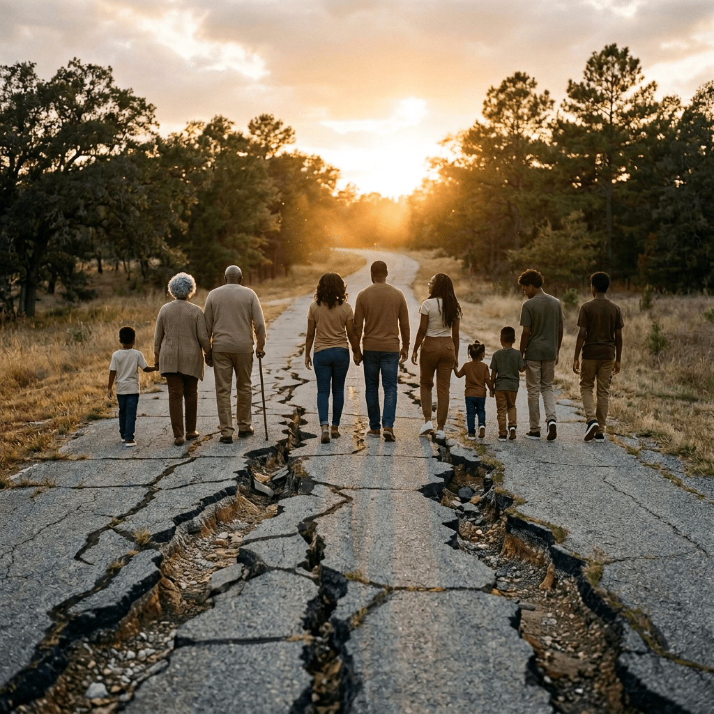 Multigenerational family walking together on a country road at sunset