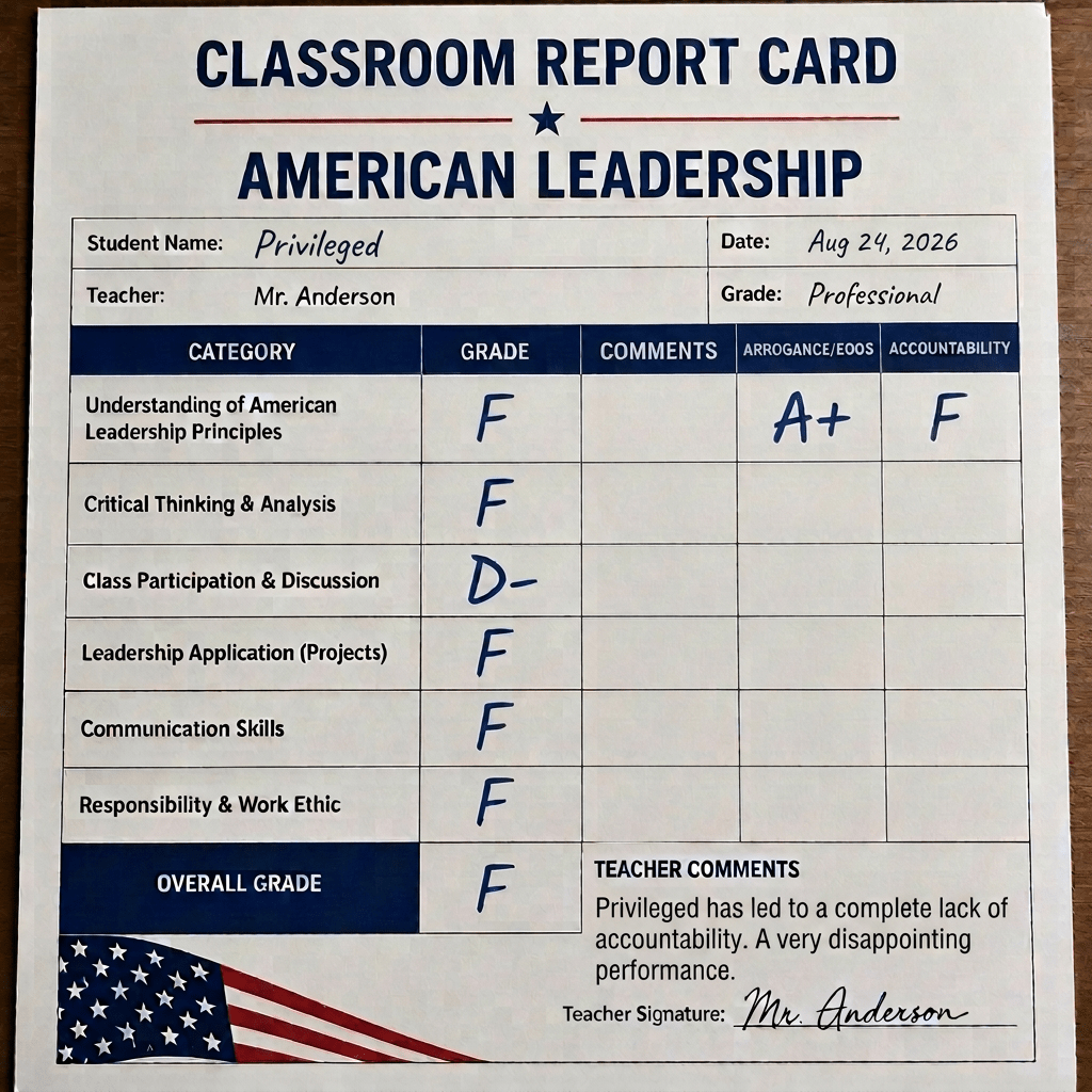 Classroom report card for Jordan Miller showing American Leadership grades and teacher comments