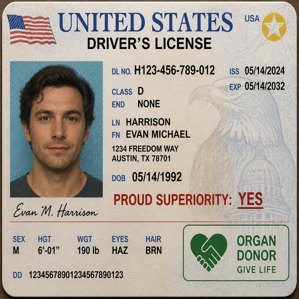 Mock United States driver's license with portrait and organ donor designation