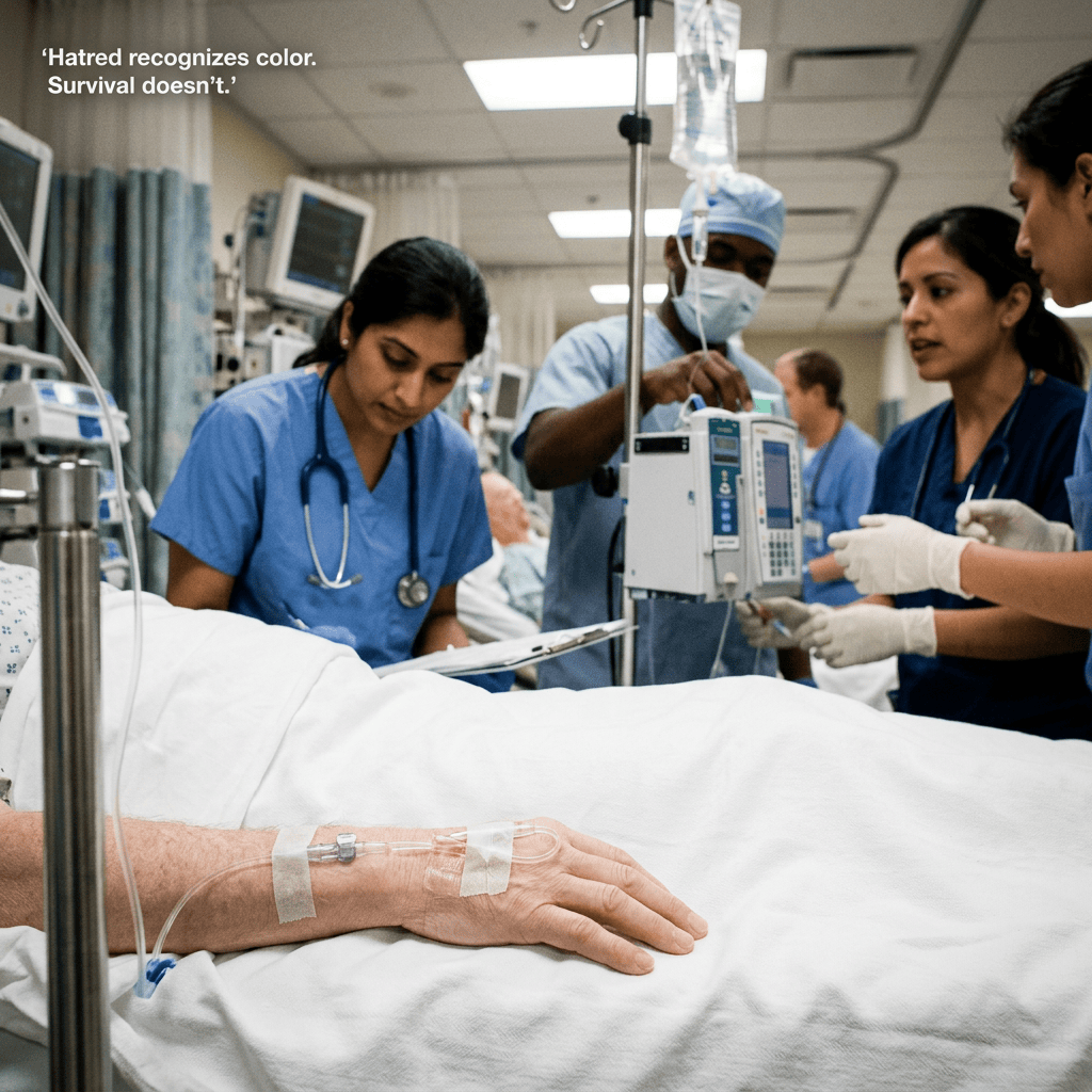 Medical team caring for a patient connected to an IV in a hospital