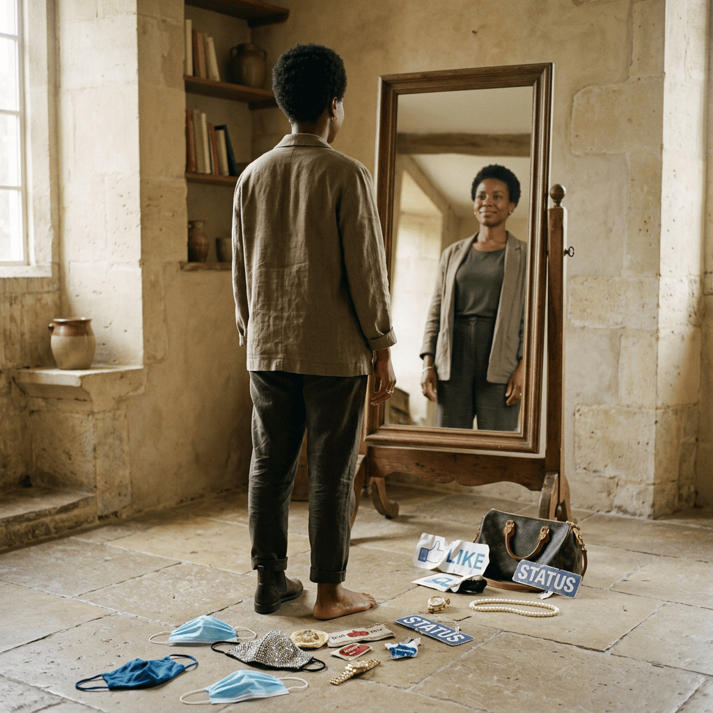 Person facing mirror with masks, jewelry, clothing, and signs reading LIKE and STATUS