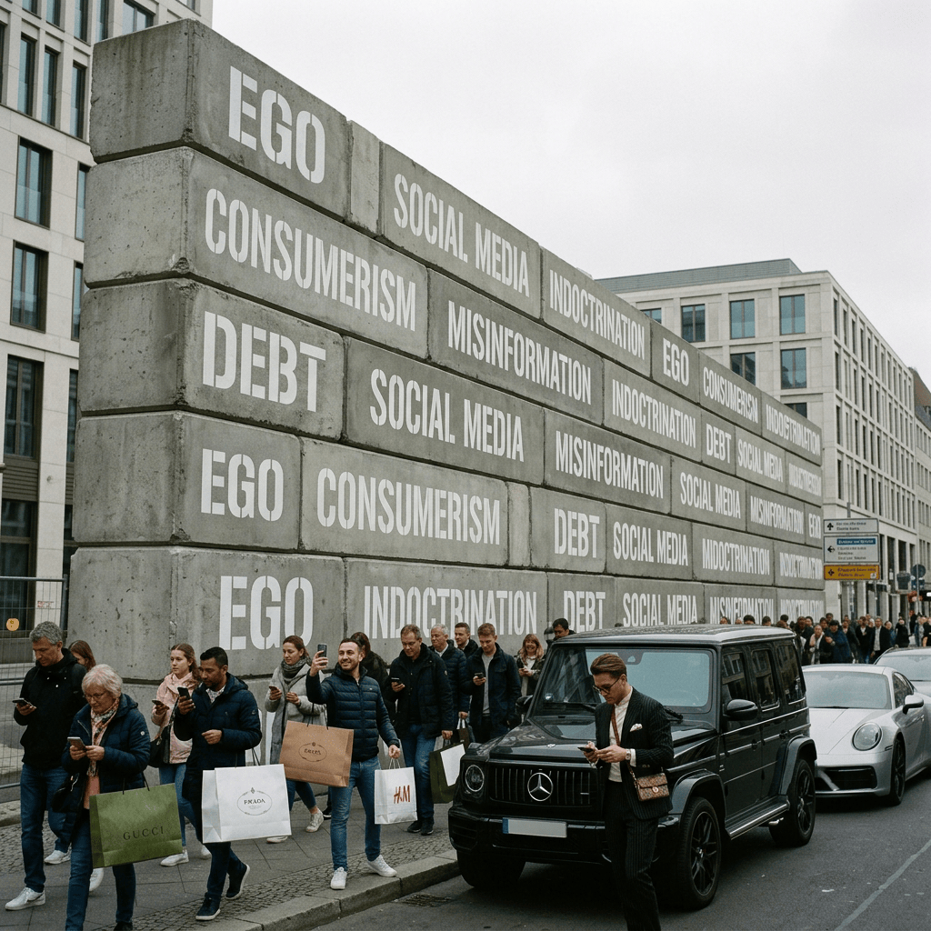 Concrete wall labeled EGO, CONSUMERISM, DEBT, SOCIAL MEDIA, INDOCTRINATION, and MISINFORMATION beside pedestrians and cars