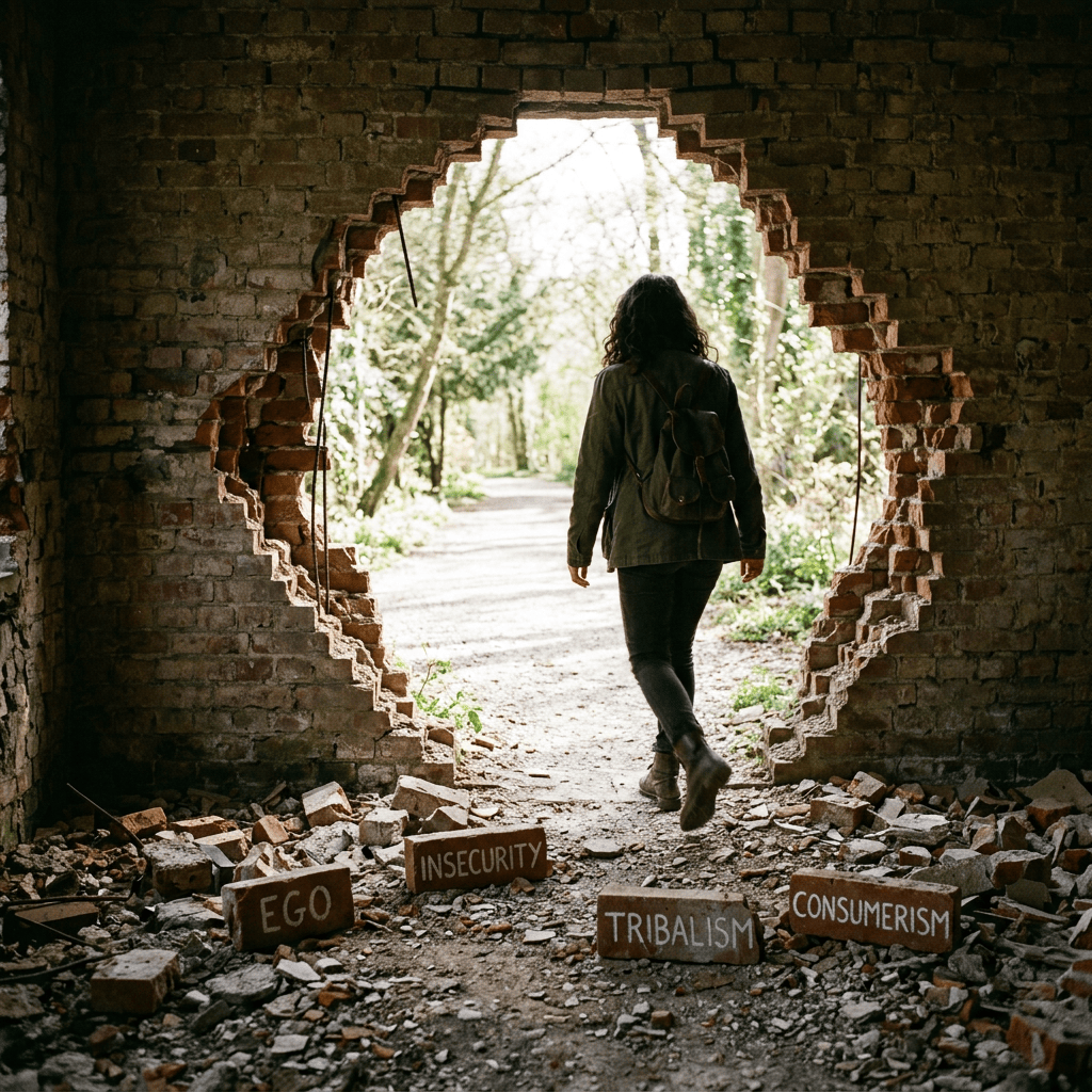 Person with backpack walking through a broken brick wall past labeled bricks