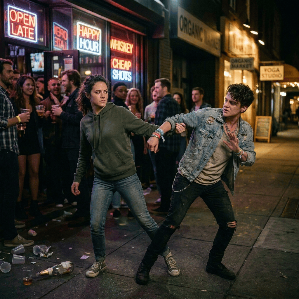 Two friends dancing outside a crowded bar at night