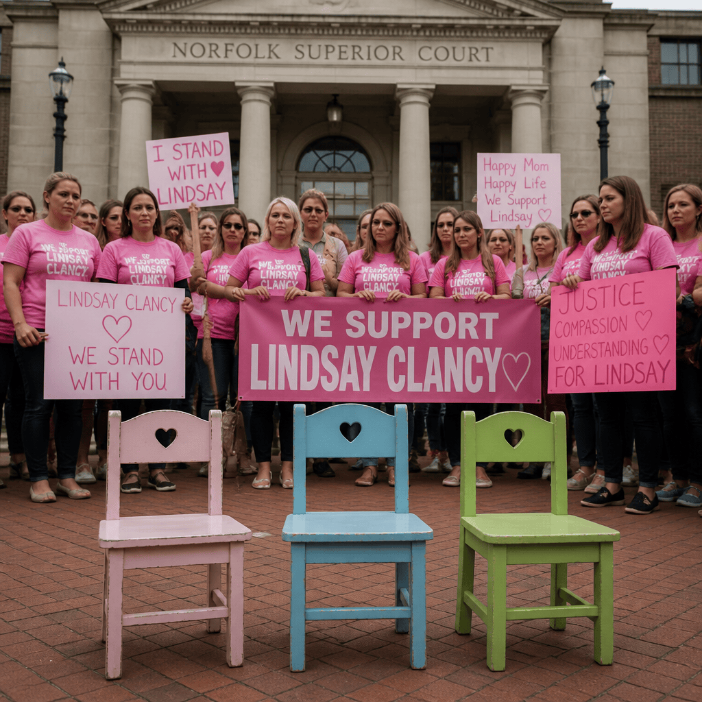 Supporters in pink shirts hold Lindsay Clancy signs outside Norfolk Superior Court