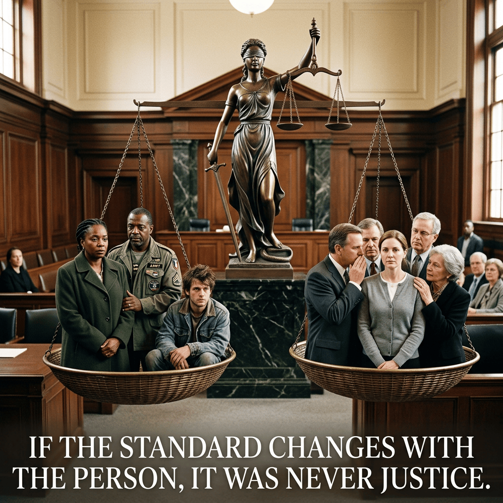 Courtroom scene with people in scales beneath Lady Justice; text reads, "IF THE STANDARD CHANGES WITH THE PERSON, IT WAS NEVER JUSTICE."