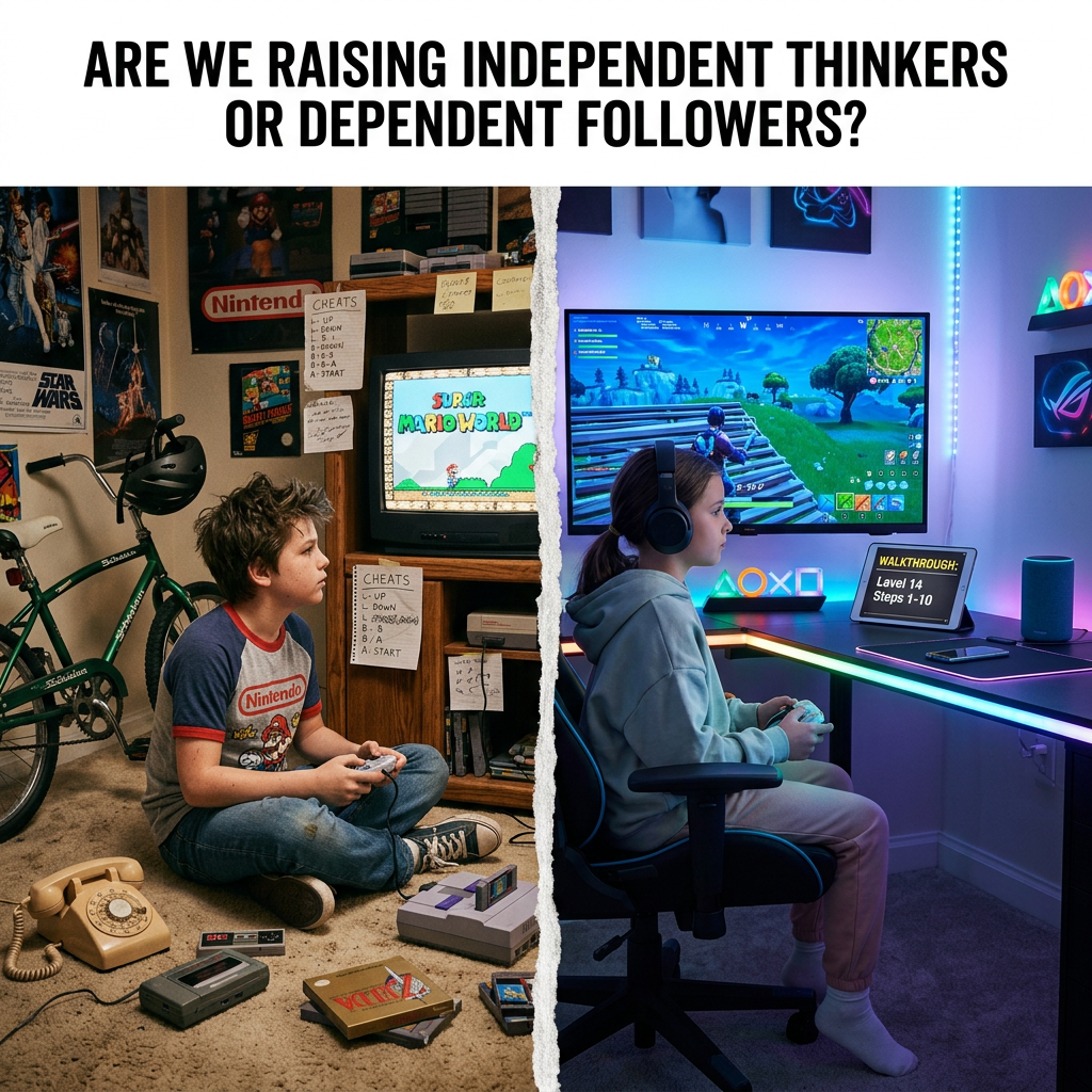 Split-screen gaming scene with text: ARE WE RAISING INDEPENDENT THINKERS OR DEPENDENT FOLLOWERS?
