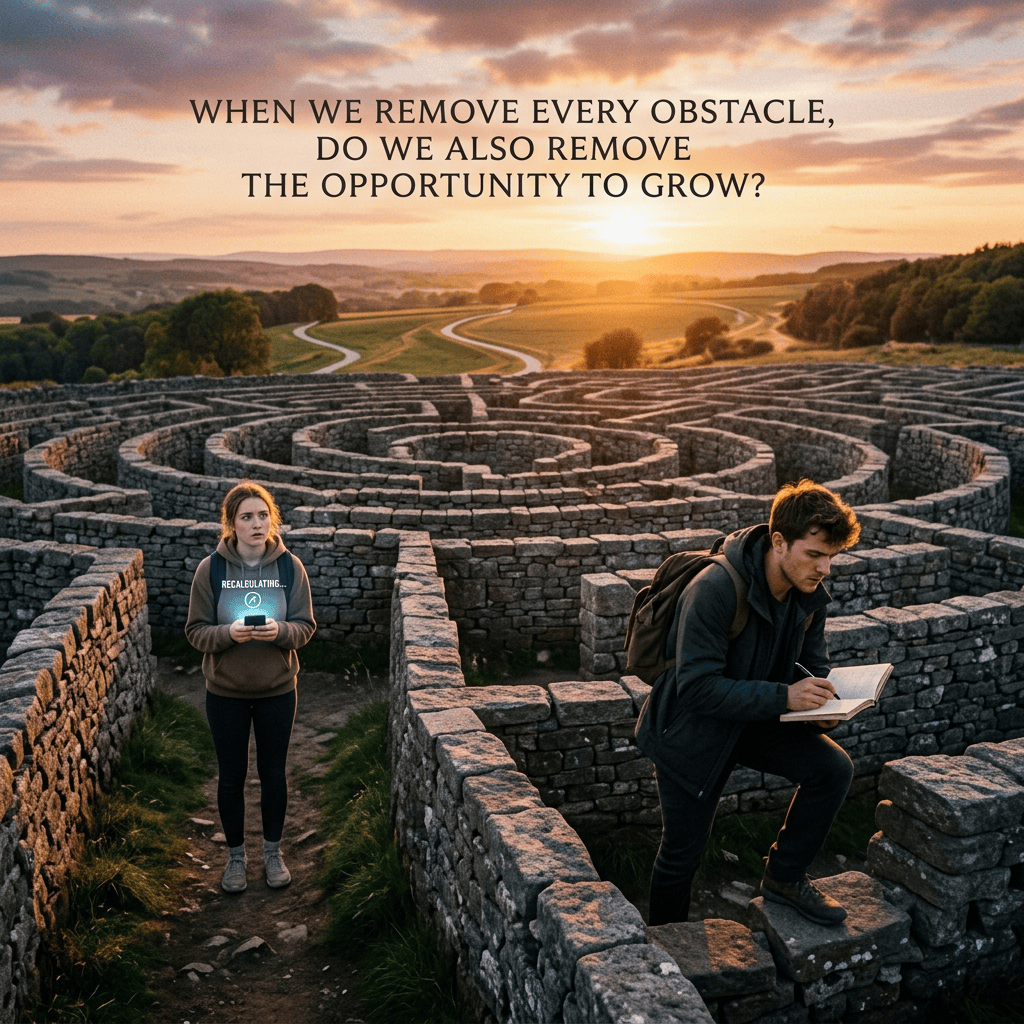 Text reads, “When we remove every obstacle, do we also remove the opportunity to grow?” above two people in a stone maze.